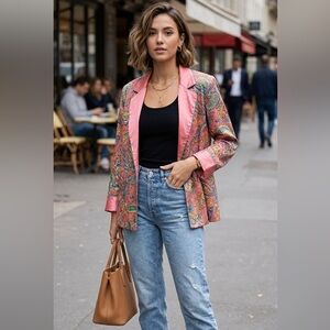 VTG Victoria's Secret Gold Label Satin Pajama Blazer Pink Paisley 90s Boho | M